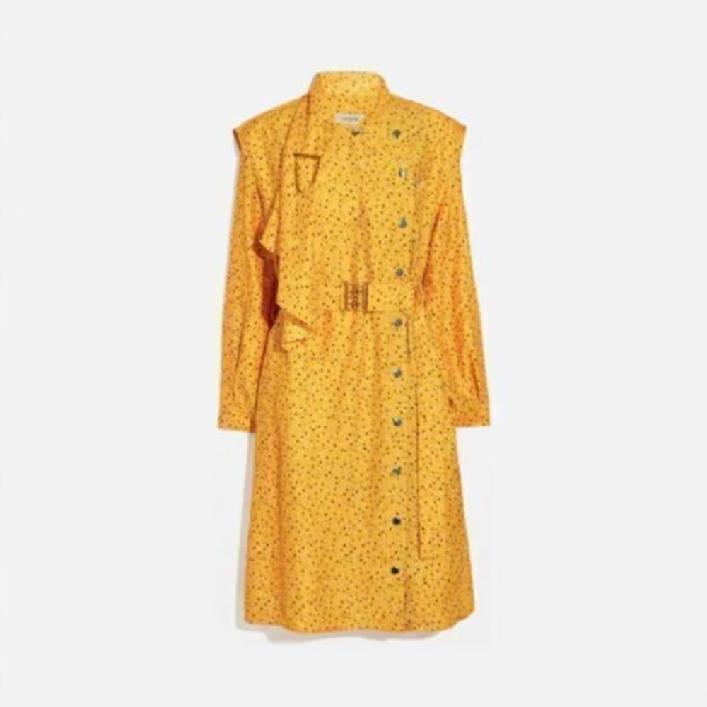 COACH Yellow Dot Print Architectural Drape Belted Dress US 6/ SMALL